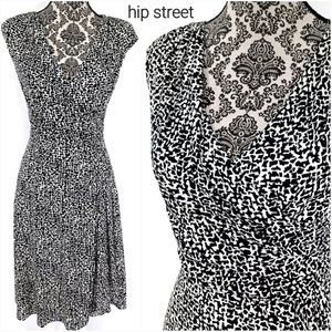 LAUREN Sleeveless Cross Front Cascade Ruffle Stretch Print Dress 6